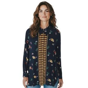 Vintage Silk Equestrian / Military Print Blouse 16 Button-Down Blue 48”